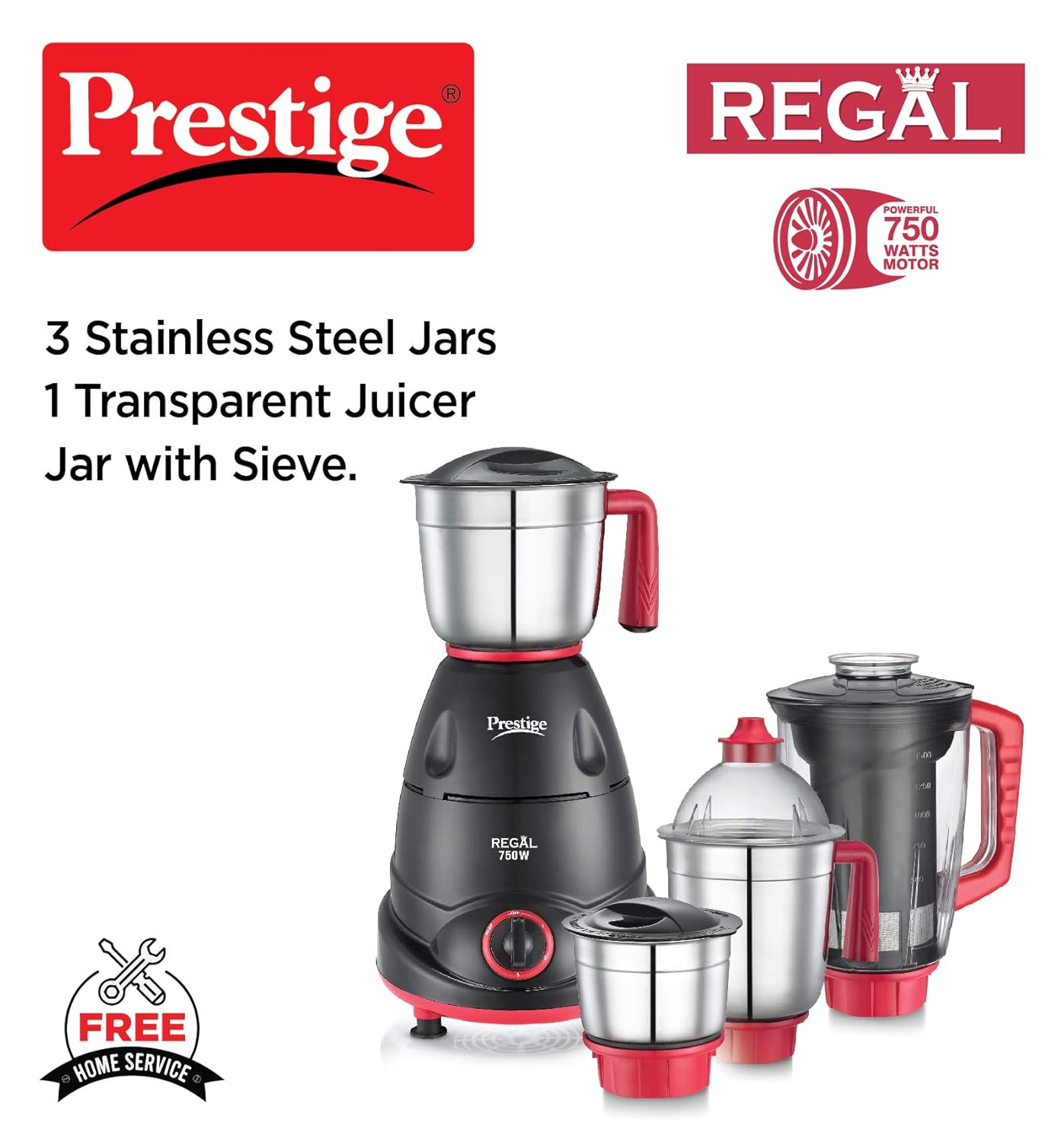 Prestige Regal 750W Mixer Grinder with 3 stainless-steel Jars